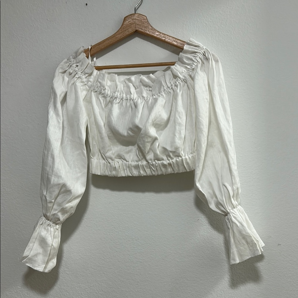 STAUD Tristan 100% Linen White Puff Sleeve Off Shoulder Crop Top Blouse X-Small